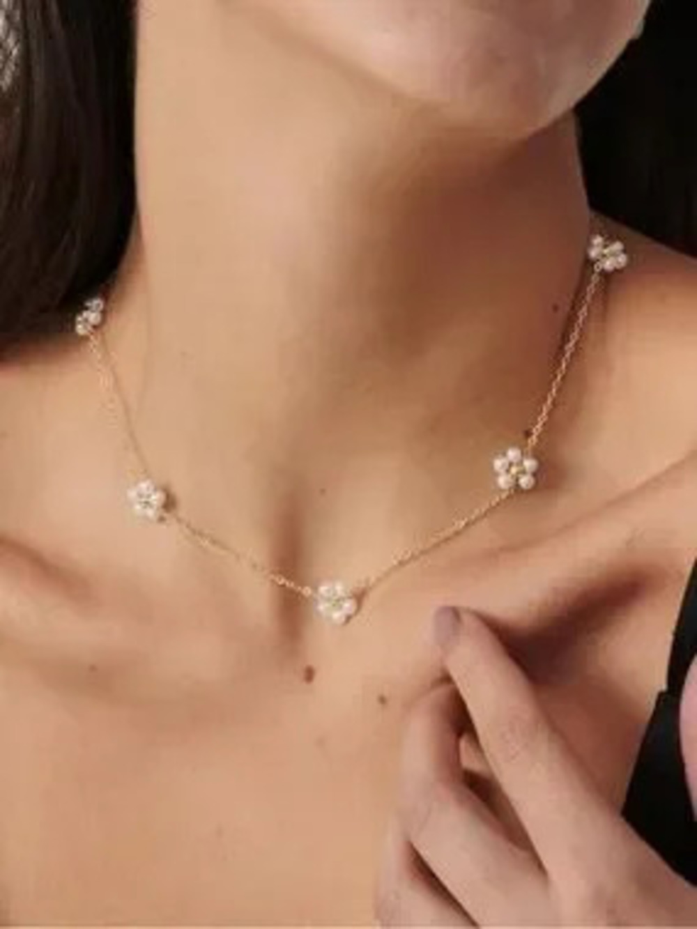 Anthropologie Gold Chain Necklace with Pearl Flower Stations